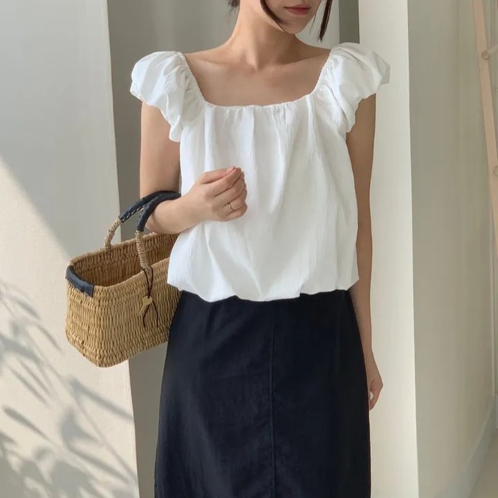 chic 한국 스타일 여름 미니멀리즘 작은 대중 품격 달콤한 미국 칼라 레이스업 거품 소매 인형 셔츠 꽃밭 셔츠 맨위