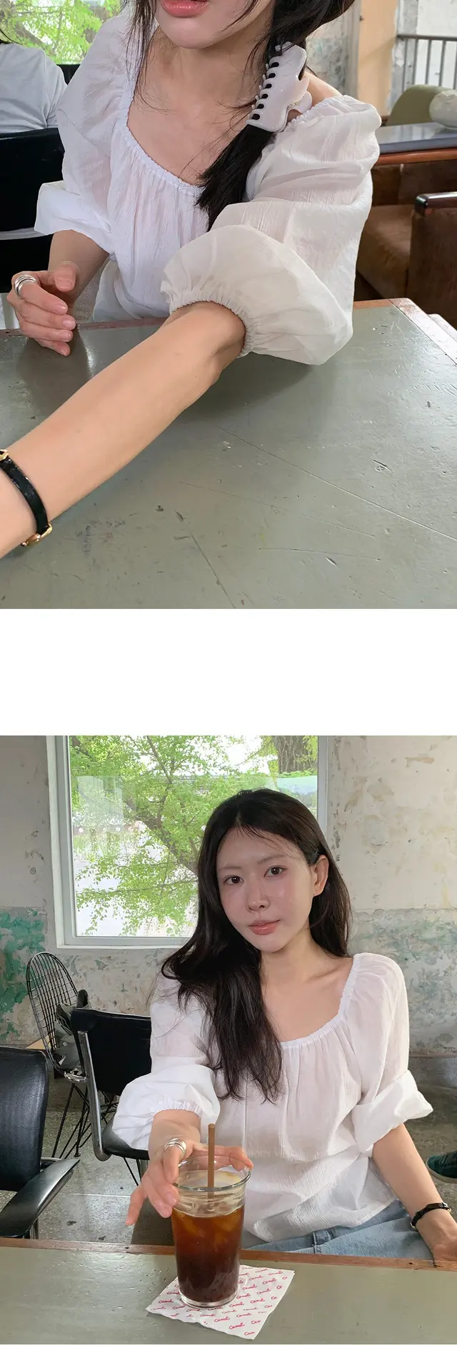 오프숄더 퍼프소매 쉬폰 블라우스 상세 이미지 5