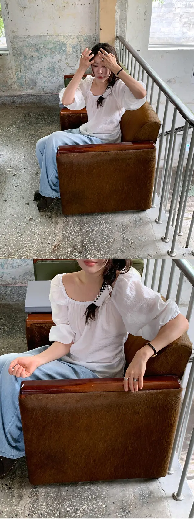 오프숄더 퍼프소매 쉬폰 블라우스 상세 이미지 10
