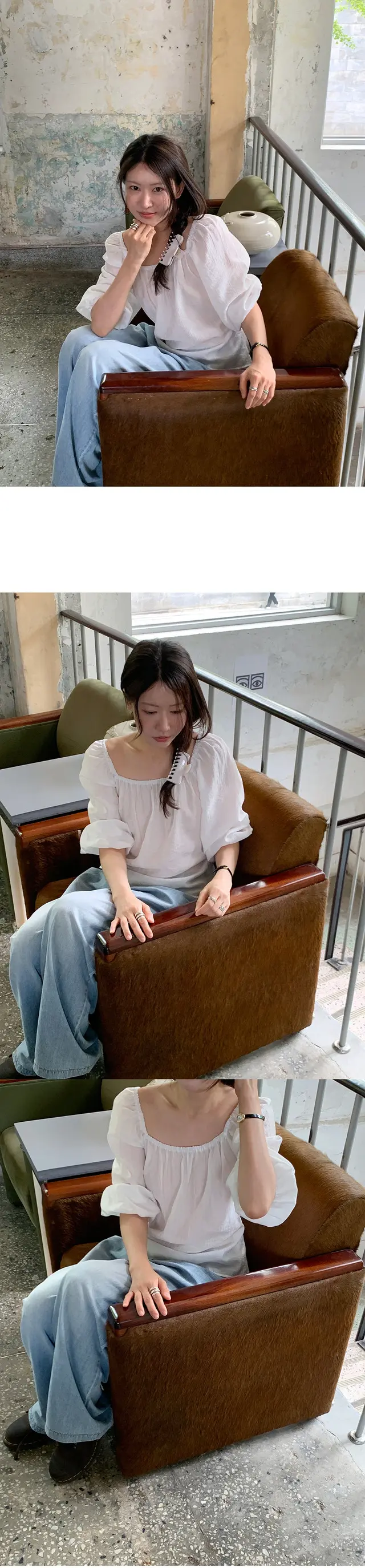 오프숄더 퍼프소매 쉬폰 블라우스 상세 이미지 11
