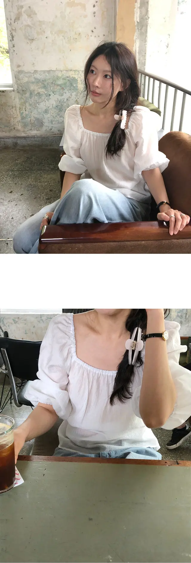 오프숄더 퍼프소매 쉬폰 블라우스 상세 이미지 12