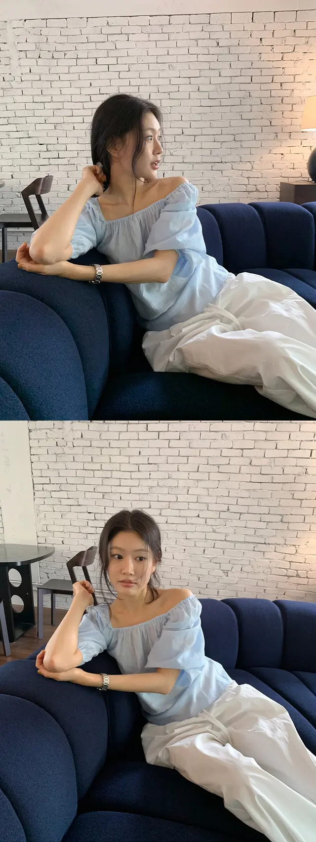 오프숄더 퍼프소매 쉬폰 블라우스 상세 이미지 31
