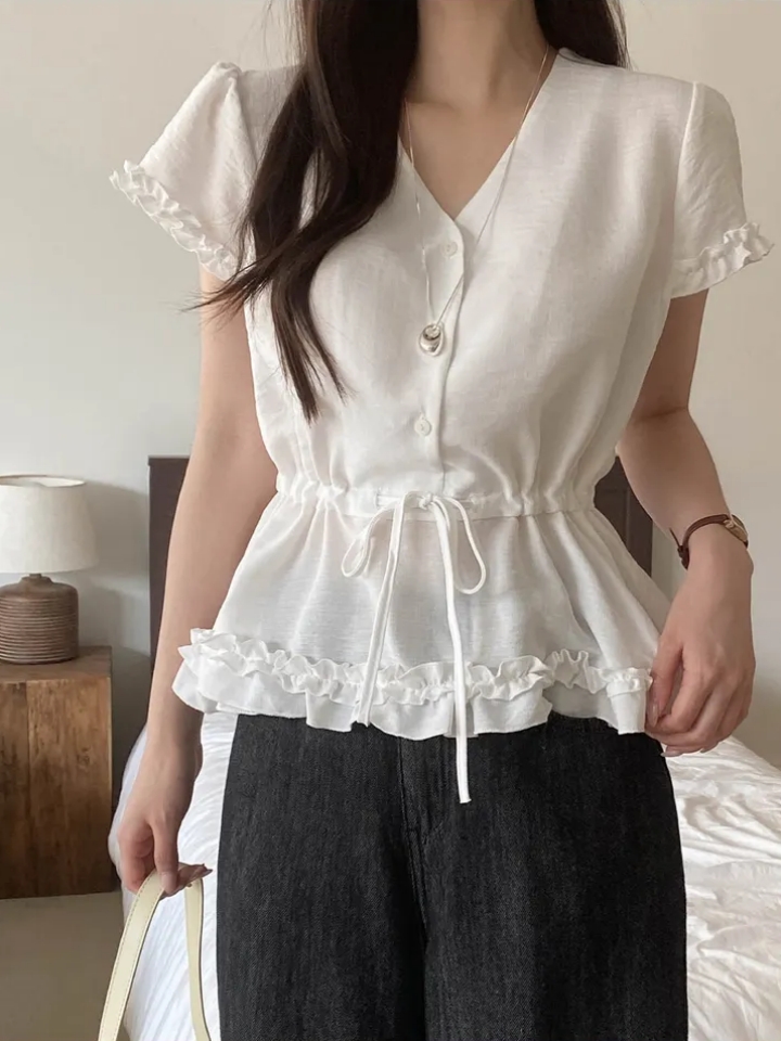chic 한 부서 여름 프랑스식 부드러운 프릴 V넥 작은 대중 레이스업 허리 수축 캐주얼 다용도 셔츠 맨위