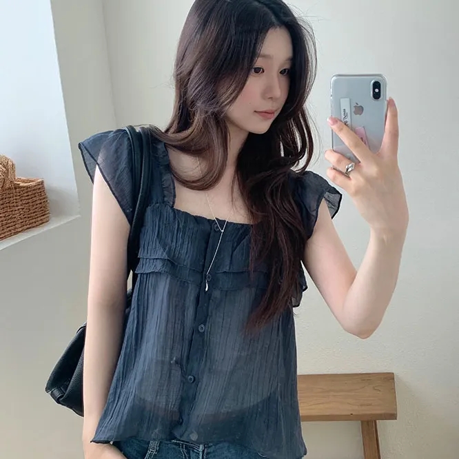 chic 한 부서 여름 프랑스식 이중층 작은 대중 달콤함 연령 감소 부드러운 Feifei 소매 주름 장식 쉬폰 셔츠 맨위
