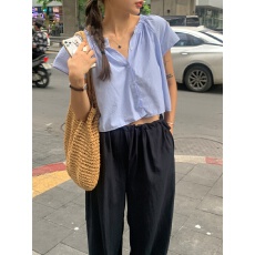 批发chic 韩系夏季<b class='q'>甜美</b>减龄木耳边少女温柔短袖条纹百搭开衫衬衫上衣