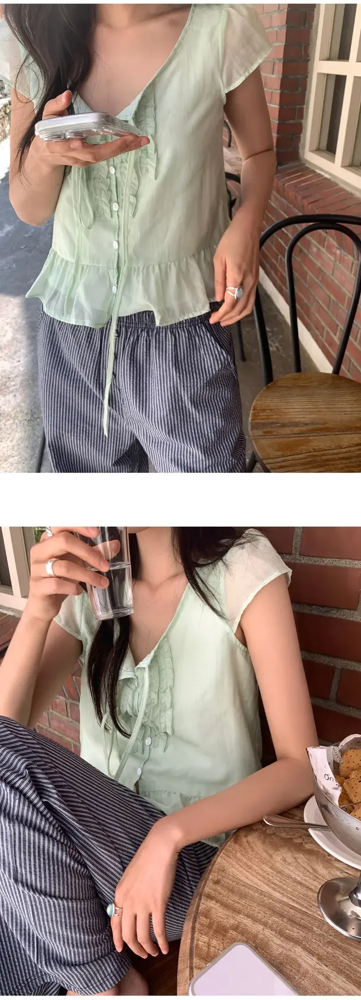 러플 끈 장식 플러터 소매 블라우스 상세 이미지 2