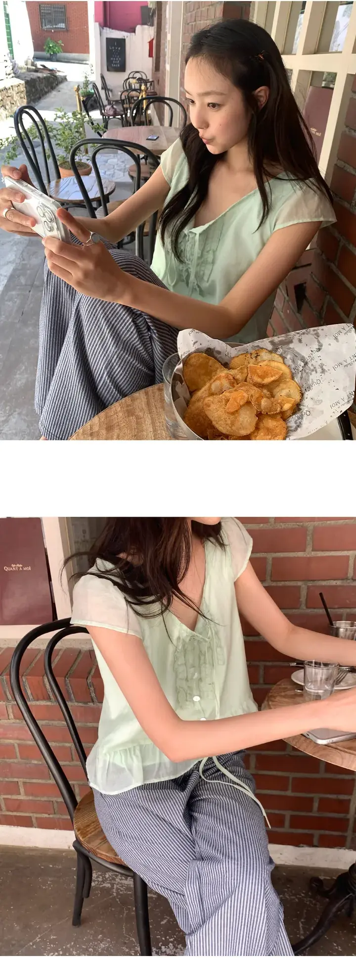 러플 끈 장식 플러터 소매 블라우스 상세 이미지 3