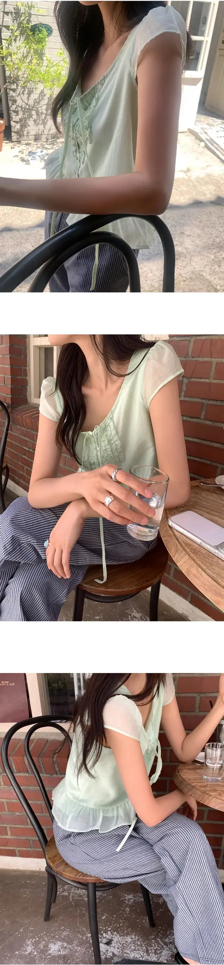 러플 끈 장식 플러터 소매 블라우스 상세 이미지 7
