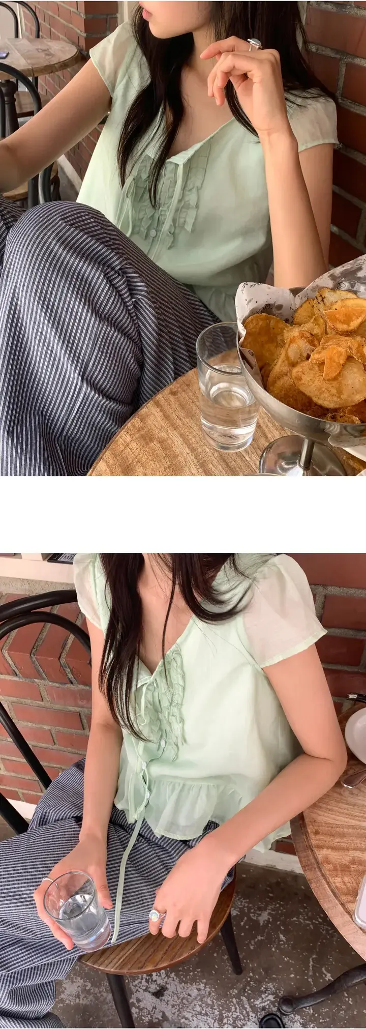 러플 끈 장식 플러터 소매 블라우스 상세 이미지 8