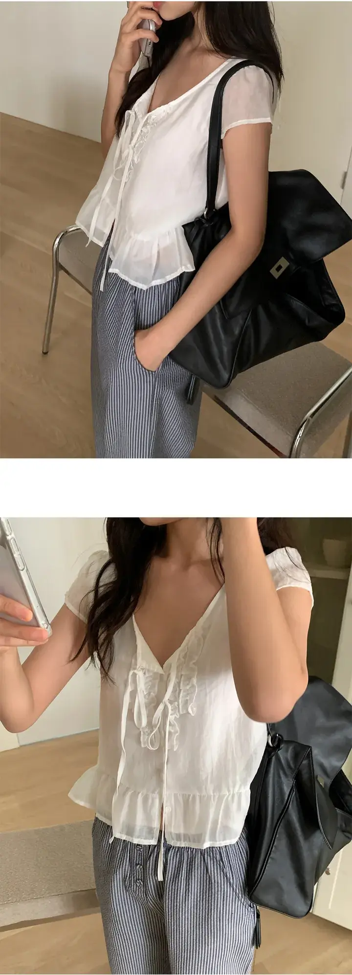 러플 끈 장식 플러터 소매 블라우스 상세 이미지 15