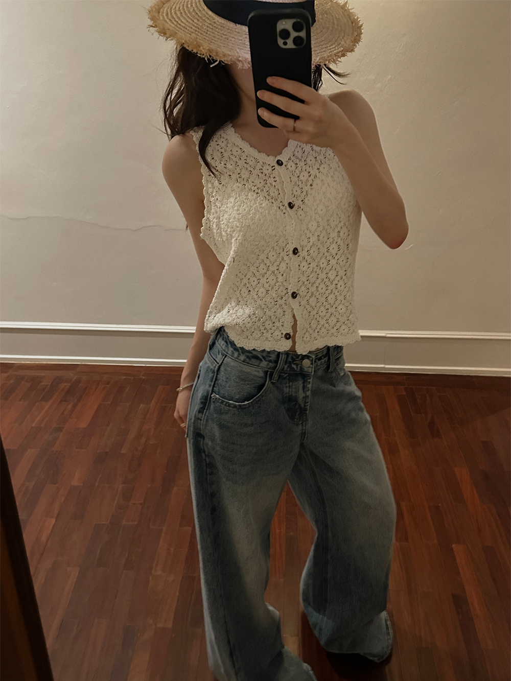 ins 한 부서 여름 프랑스식 휴가 캐주얼 홀로우 아웃 작은 대중 레트로 스택 착용 민소매 조끼 베스트 맨위