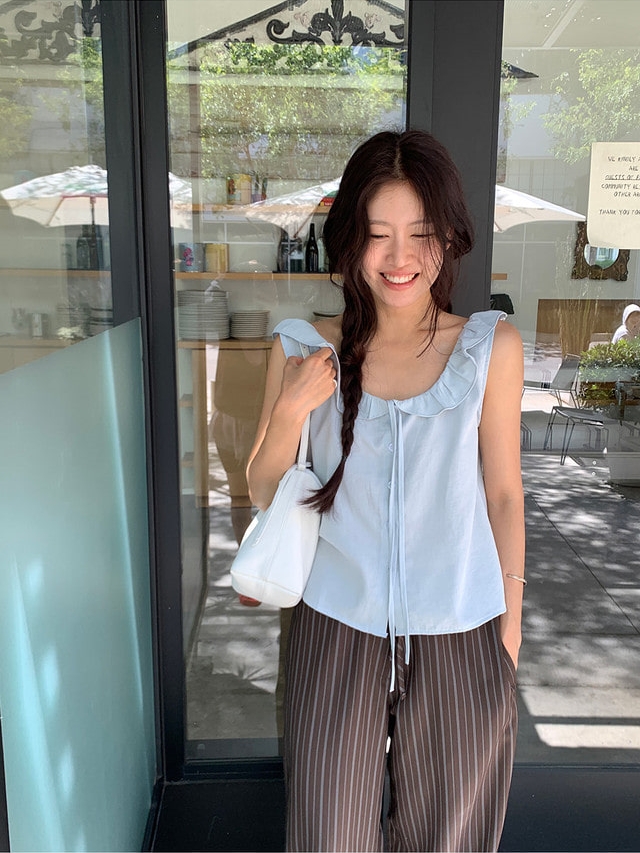 chic 한 부서 여름 달콤함 부드러운 u 칼라 프릴 레이스업 싱글 줄 버튼 다용도 민소매 조끼 맨위
