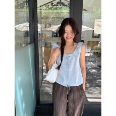 批发chic 韩系<b class='q'>夏</b>季甜美温柔U领荷叶边系带单排扣百搭无袖背心上衣