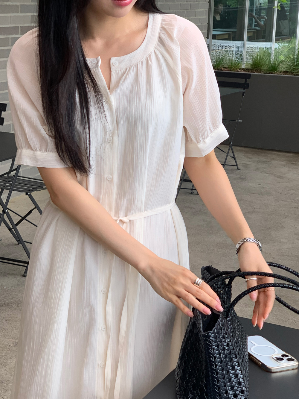 chic 한국 스타일 여름 레트로 작은 스탠드 칼라 고급 센스 캐주얼 루즈핏 레이스업 허리 수축 중간 길이 드레스