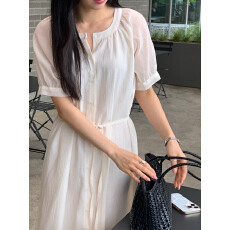 批发chic 韩版夏季复古小立领高级感休闲宽松系带收腰中长款连衣裙