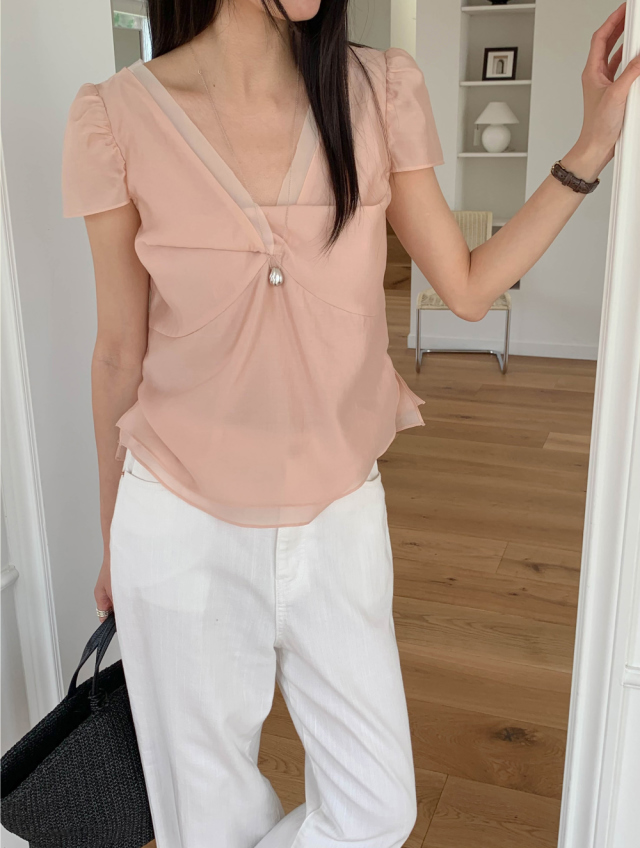 chic 한 부서 여름 달콤함 작은 대중 디자인 센스 프랑스식 V넥 이중층 Chic 거품 소매 쉬폰 블라우스 맨위
