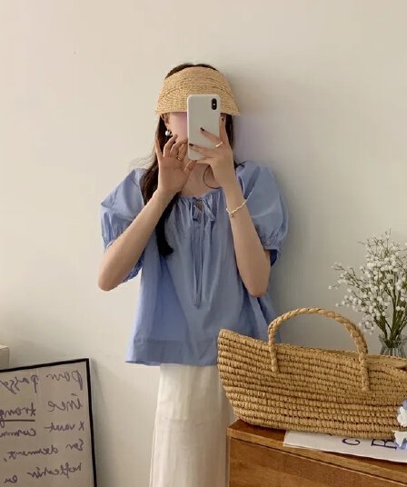 chic 여름 한국 스타일 미니멀리즘 달콤함 레이스업 거품 소매 느긋한 캐주얼 휴가 다용도 셔츠 맨위