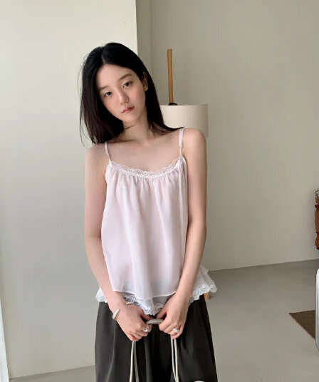 chic 한 부서 여름 프랑스식 섹시함 순수한 욕망 레이스 레이스 달콤함 더블 계단식 착용 민소매 슬립 쉬폰 톱
