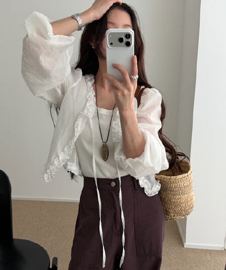 ins 한 부서 여름 프랑스식 프릴 연령 감소 부드러운 오픈 가디건 레이스업 얇은 스타일 거품 소매 다용도 셔츠 맨위