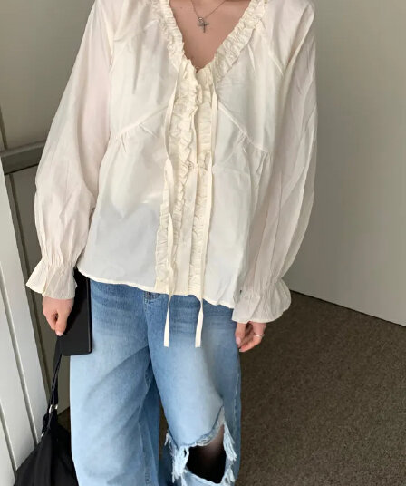 chic 한 부서 이른 가을 부드러운 연령 감소 패션 목이버섯 레이스 V넥 나비 매듭 긴팔 Chic 셔츠 맨위