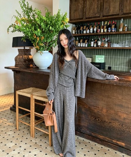 ins 한 부서 가을 불규칙 스트라이프 조끼 다용도 오픈 가디건 캐주얼 긴 바지 느긋한 패션 3종 세트 세트