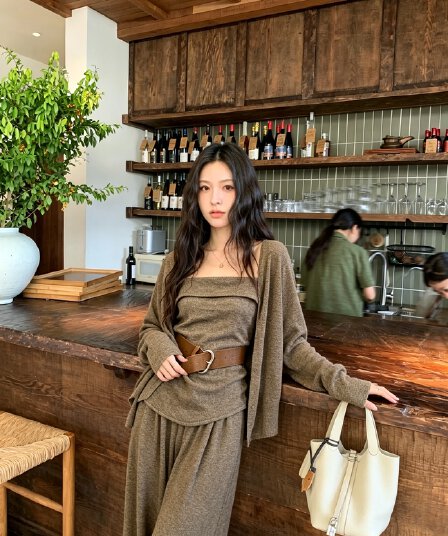 ins 한 부서 가을 품격 작은 대중 슬립 미니멀리즘 오픈 가디건 캐주얼 긴 바지 느긋한 3종 세트 세트 벨트 포함