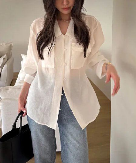 chic 한국 스타일 가을 프랑스식 품격 폴로 칼라 레트로 워크웨어 주머니 싱글 줄 버튼 느긋한 다용도 셔츠 맨위