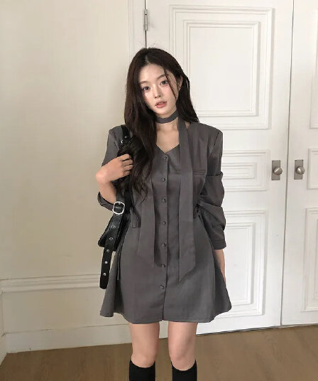 ins 가을 프랑스식 고급 센스 레트로 V넥 목도리 레이스업 허리 수축 싱글 줄 버튼 품격 정장 드레스