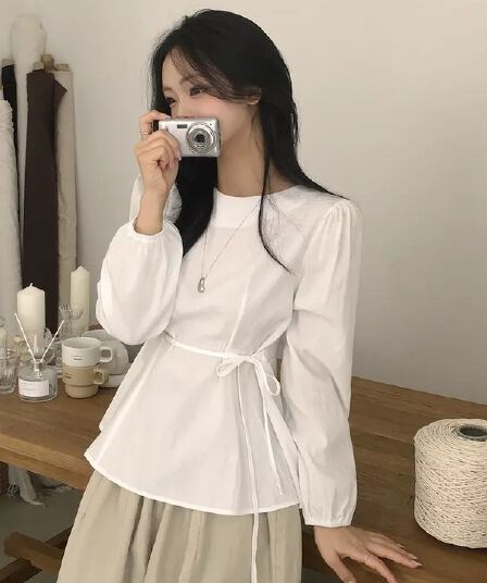 chic 한 부서 가을 부드러운 미니멀리즘 라운드 넥 패션 연령 감소 거품 소매 레이스업 허리 수축 다용도 셔츠 맨위