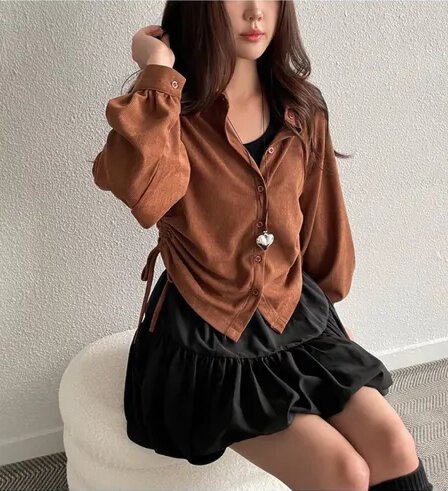 chic 한 부서 가을 겨울 레트로 폴로 칼라 작은 대중 펌프 로프 허리 수축 싱글 줄 버튼 캐주얼 다용도 스택 착용 셔츠 맨위