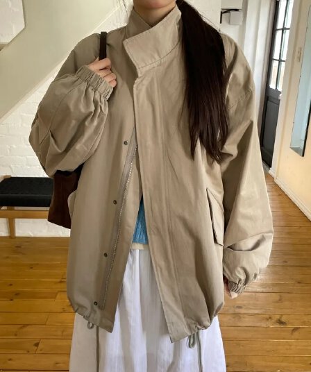 chic 한국 가을 레트로 폴로 칼라 캐주얼 워크웨어 지퍼 어둠 버클 펌프 로프 허리 수축 바람막이 재킷 재킷