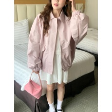 批发chic韩版秋季复古翻领个性休闲工装口袋拉链收腰百搭宽松夹克外套
