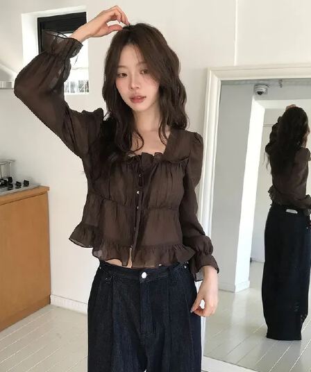 chic 한 부서 이른 가을 프랑스식 달콤함 연령 감소 부드러운 프릴 주름 장식 허리 수축 쉬폰 자외선 차단 셔츠 맨위