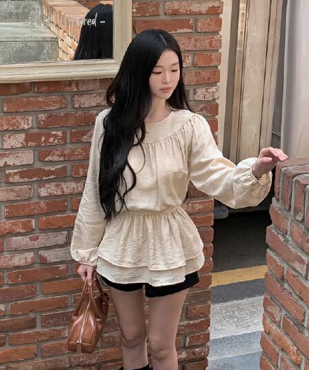 chic 한 부서 프랑스식 달콤함 부드러운 라운드 수신 Pleat 펌프 로프 허리 수축 작은 키 긴팔 미니 스커트 드레스