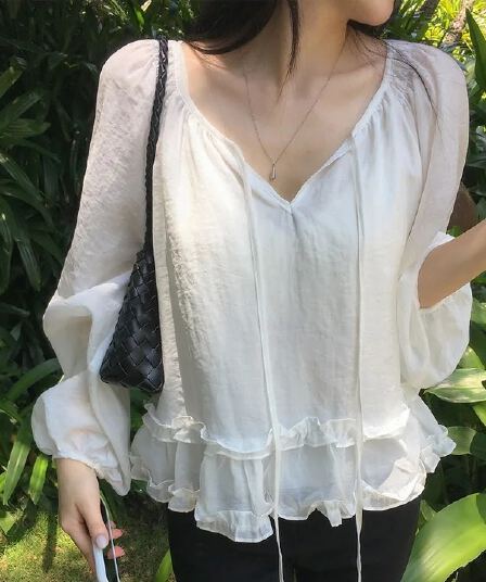 chic 한 부서 이른 가을 프랑스식 부드러운 패션 연령 감소 프릴 레이스업 루즈핏 느긋한 긴팔 셔츠 맨위