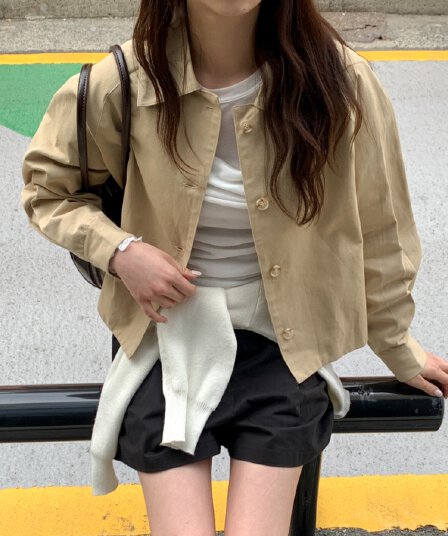chic 한국 스타일 가을 레트로 폴로 칼라 싱글 줄 버튼 작은 대중 미니멀리즘 다용도 쇼트 스타일 재킷 재킷 재킷