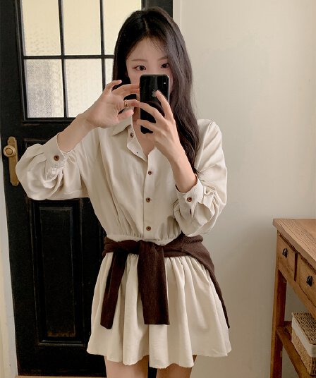 ins 한 부서 가을 겨울 레트로 고급 센스 패션 품격 폴로 칼라 주름 장식 허리 수축 다용도 셔츠 드레스 드레스
