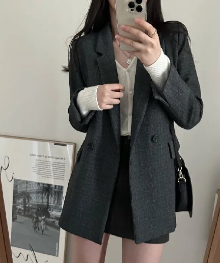 chic 한국 가을 겨울 프랑스식 레트로 캐주얼 미니멀리즘 정장 칼라 두 버클 루즈핏 다용도 블레이저