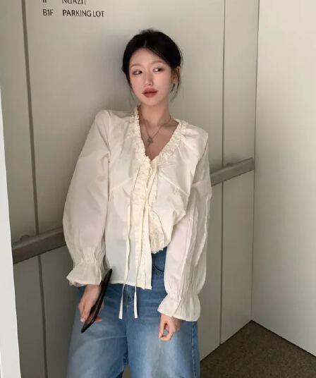 chic 한 부서 가을 부드러운 연령 감소 패션 목이버섯 레이스 V넥 나비 매듭 긴팔 Chic 셔츠 맨위