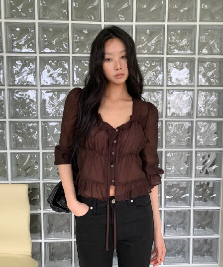 chic 한 부서 이른 가을 프랑스식 달콤함 연령 감소 부드러운 프릴 주름 장식 허리 수축 쉬폰 자외선 차단 셔츠 맨위