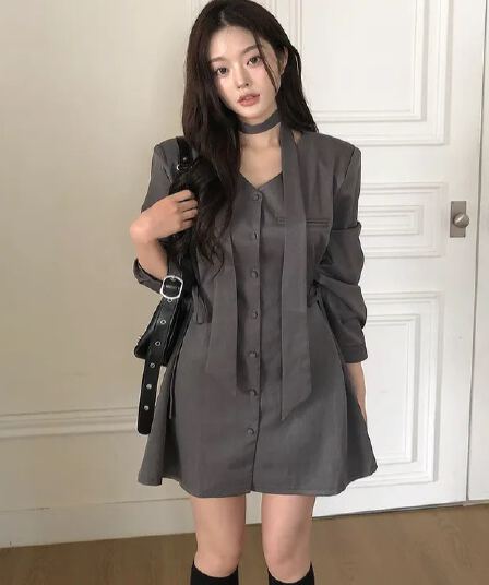 ins 가을 프랑스식 고급 센스 레트로 V넥 목도리 레이스업 허리 수축 싱글 줄 버튼 품격 정장 드레스