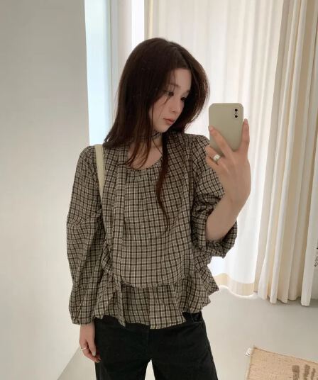 chic 한 부서 가을 레트로 부드러운 품격 퍼프 셔츠 허리 수축 레이스업 거품 소매 체크무늬 셔츠 맨위