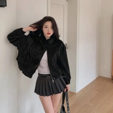 chic 韩版秋冬复古美拉德立领拉链麂皮绒棒球服短款百搭夹克外套