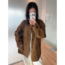 批发chic 韩版秋冬复古美拉德麂皮绒休闲宽松百搭夹克风衣外套大衣