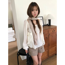 批发chic 韩系秋季法式<b class='q'>甜美</b>蝴蝶结一字领露肩宽松显瘦百搭衬衫上衣