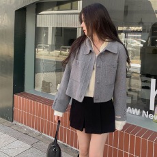 批发chic 韩版冬季法式翻领小众口袋单排扣简约百搭毛呢子夹克外套