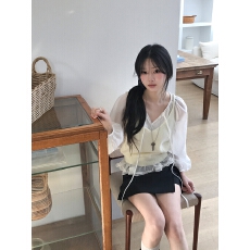 批发chic 韩系秋季法式温柔时尚减龄木耳边系带宽松慵懒长袖衬衫上衣