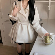 批发chic 韩系冬季温柔<b class='q'>甜美</b>减龄气质翻领单排扣宽松系带百搭毛呢外套