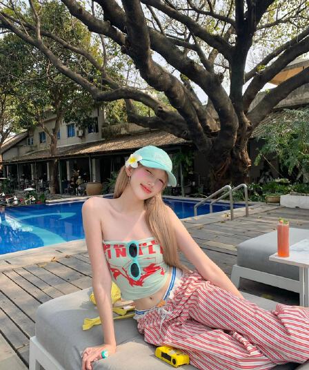 재고 있음 느긋한 바람 스트라이프 배색 레이스 측면 허리 머리 캐주얼 바지 여성 와이드 레그 팬츠 핫걸 알파벳 프린트 조끼