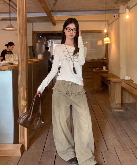 실사 마 오래된 레이스 방귀 커튼 모통이 칼 바지 청바지 바지 여자 2026 가을 새로운 루즈핏 와이드 레그 팬츠